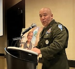 Nevada Army Guard Land Component Commander Brig. Gen. Randy Lau delivers the eulogy remembering retired Col. Joyce Anacker on Jan. 17 in Reno, Nev. Anacker died after a battle with cancer in October 2025.