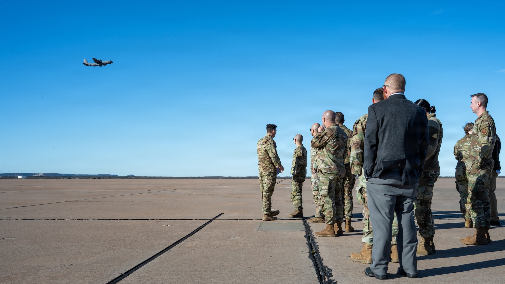 Members working with the B-21 Raider Program Integration Office conduct a site survey of the parking apron at Dyess Air Force Base, Texas, Jan. 14, 2026. The survey supported infrastructure assessments in preparation for the B-21 Raider beddown. Dyess AFB will be the third Main Operating Base for the B-21, the Air Force’s next-generation stealth bomber and centerpiece of America’s bomber modernization effort. (U.S. Air Force photo by Senior Airman Jade M. Caldwell)