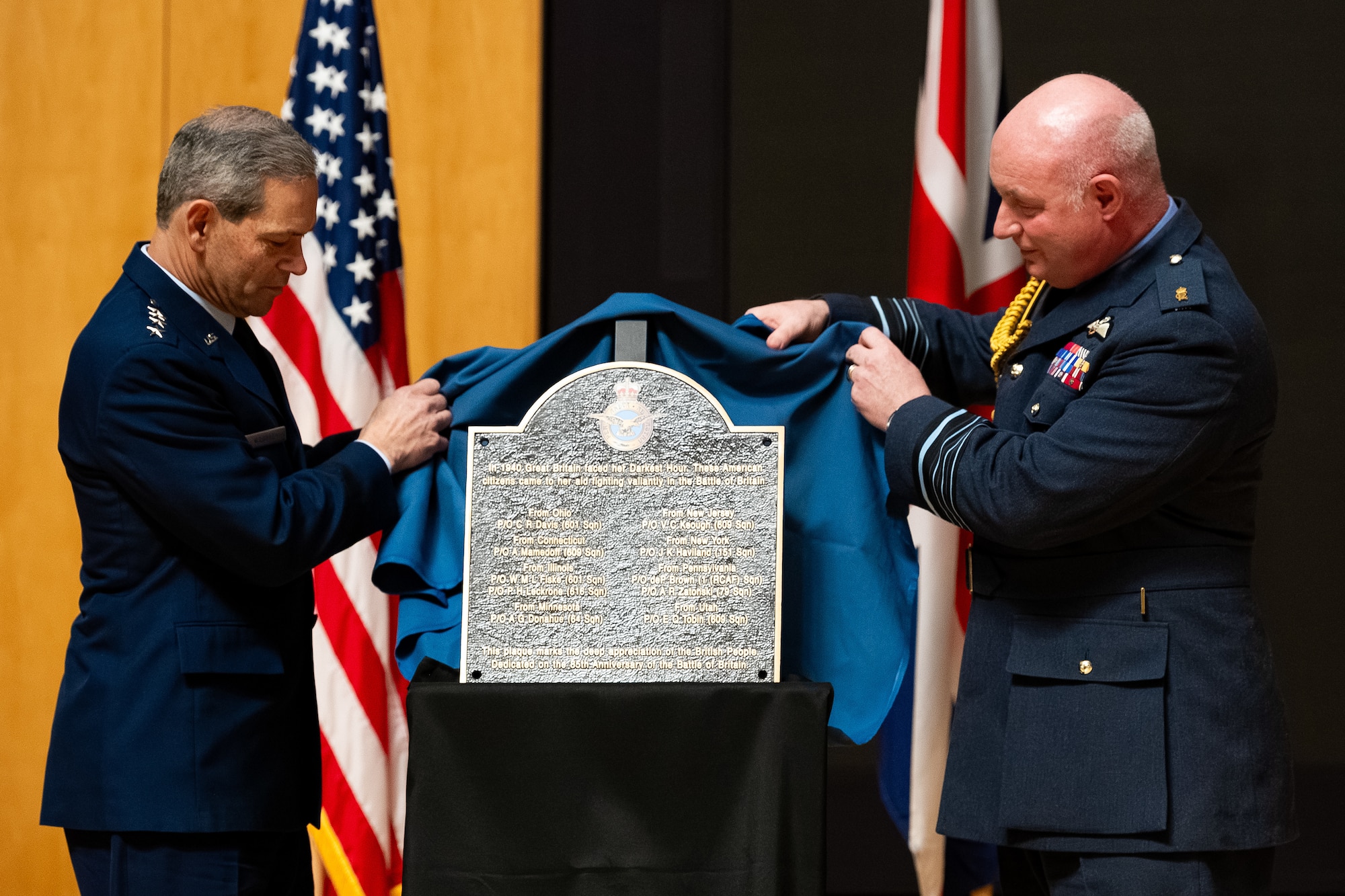 Photo of U.S Air Force Chief of Staff Gen. Ken Wilsbach and Air Chief Marshal Sir Harvey Smyth, Royal Air Force Chief of the Air Staff unveiling the Battle of Britain plaque
