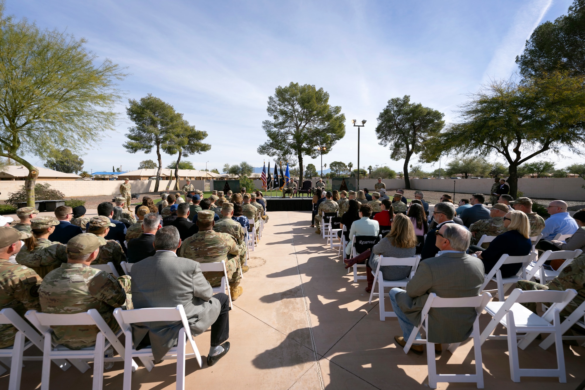 Audience members attend an activation ceremony for U.S. Space Forces Southern at Davis-Monthan Air Force Base, Arizona, Jan. 21, 2026. SPACEFOR–SOUTH became operational effective Dec. 1, 2025, the ceremony formally recognized the activation with the assumption of command by Col. Brandon Alford, and the digital unveiling of the Space Forces Southern emblem, symbolizing the command’s mission and regional focus. (U.S. Air Force photo by Tech. Sgt. Rachel Maxwell)