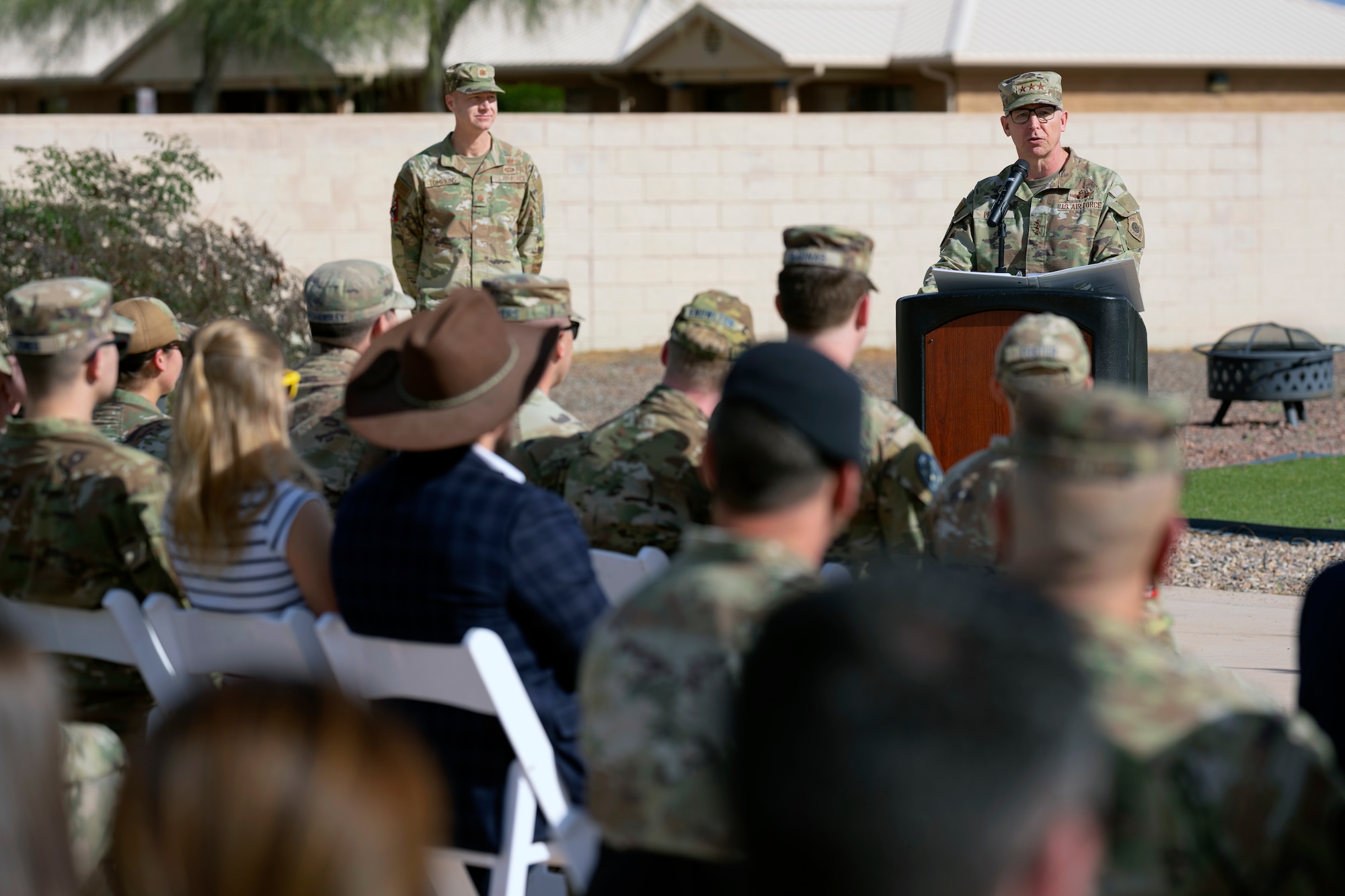 U.S. Air Force Lt. Gen. Evan L. Pettus, U.S. Southern Command acting commander provides remarks during an activation ceremony for U.S. Space Forces Southern at Davis-Monthan Air Force Base, Arizona, Jan. 21, 2026. SPACEFOR–SOUTH serves as the space component to U.S. Southern Command, responsible for integrating space power with joint, interagency and multinational partners to support regional security, deterrence and stability across Central America, South America and the Caribbean. (U.S. Air Force photo by Tech. Sgt. Rachel Maxwell)
