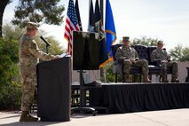 Chief of Space Operations Gen. Chance Saltzman, center, and U.S. Space Forces Southern Commander Col. Brandon Alford, right, listen to remarks during an activation ceremony for U.S. Space Forces Southern at Davis-Monthan Air Force Base, Arizona, Jan. 21, 2026. The activation of SPACEFOR–SOUTH marks another significant step in formally establishing space as a warfighting domain critical to joint operations, reinforcing security and stability across the Western Hemisphere. (U.S. Air Force photo by Tech. Sgt. Rachel Maxwell)