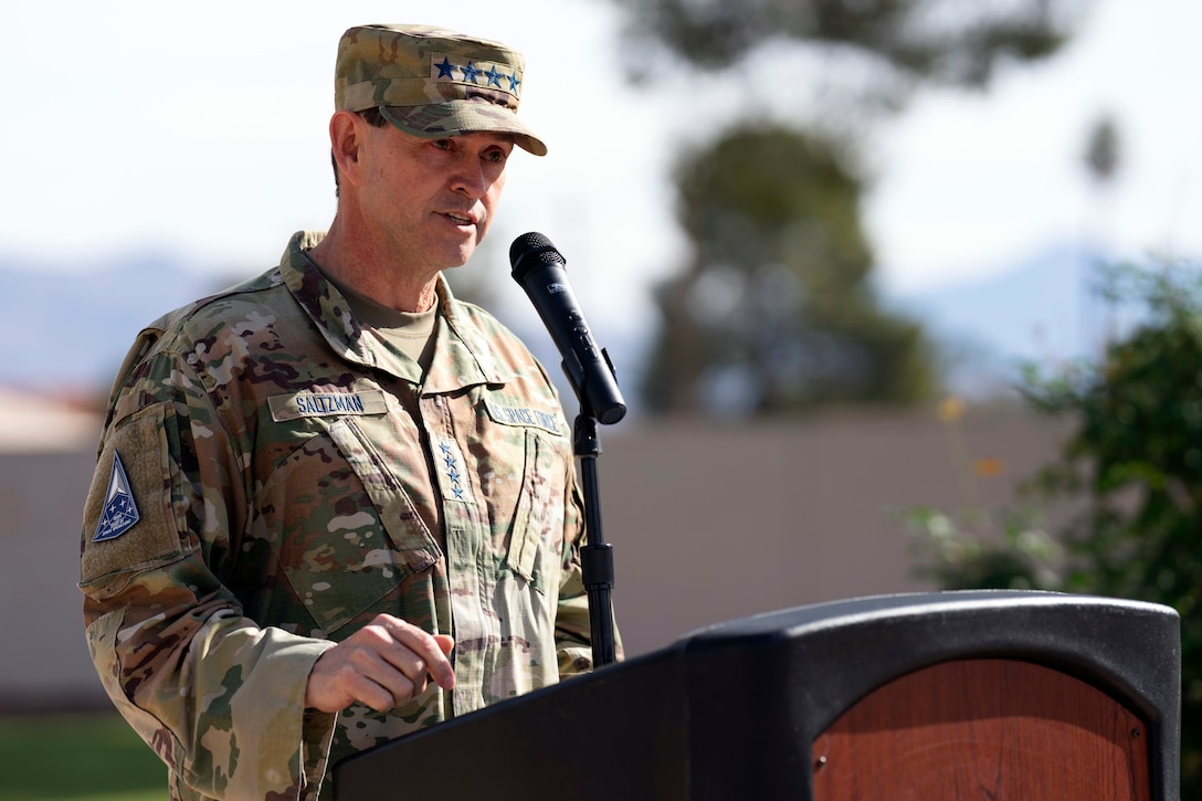 Chief of Space Operations Gen. Chance Saltzman provides remarks during the Space Forces Southern activation ceremony at Davis-Monthan Air Force Base, Arizona, Jan. 21, 2026. The activation of SPACEFOR–SOUTH marked another significant step in formally establishing space as a warfighting domain critical to joint operations, reinforcing security and stability across the Western Hemisphere. (U.S. Air Force photo by Tech. Sgt. Rachel Maxwell)