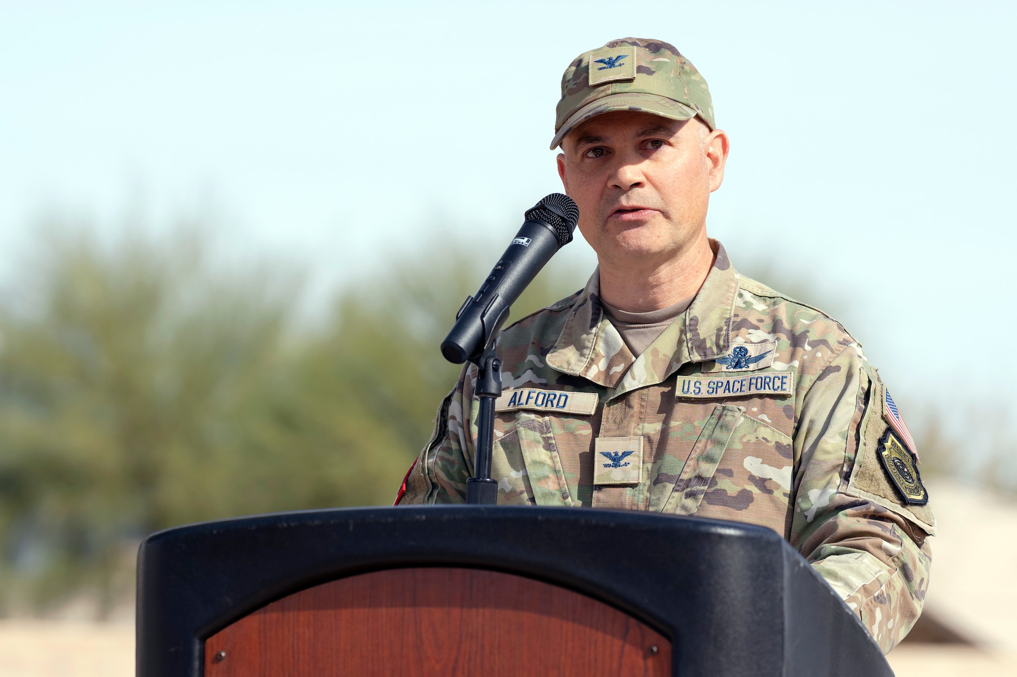 U.S. Space Forces Southern Commander Col. Brandon Alford provides remarks during an activation ceremony for Space Forces Southern at Davis-Monthan Air Force Base, Arizona, Jan. 21, 2026. Headquartered at Davis-Monthan, SPACEFOR–SOUTH will work closely with U.S. Space Command, U.S. Southern Command, U.S. Northern Command, the Air National Guard’s State Partnership Program and international partners to enhance interoperability and strengthen space domain awareness throughout the region. (U.S. Air Force photo by Tech. Sgt. Rachel Maxwell)