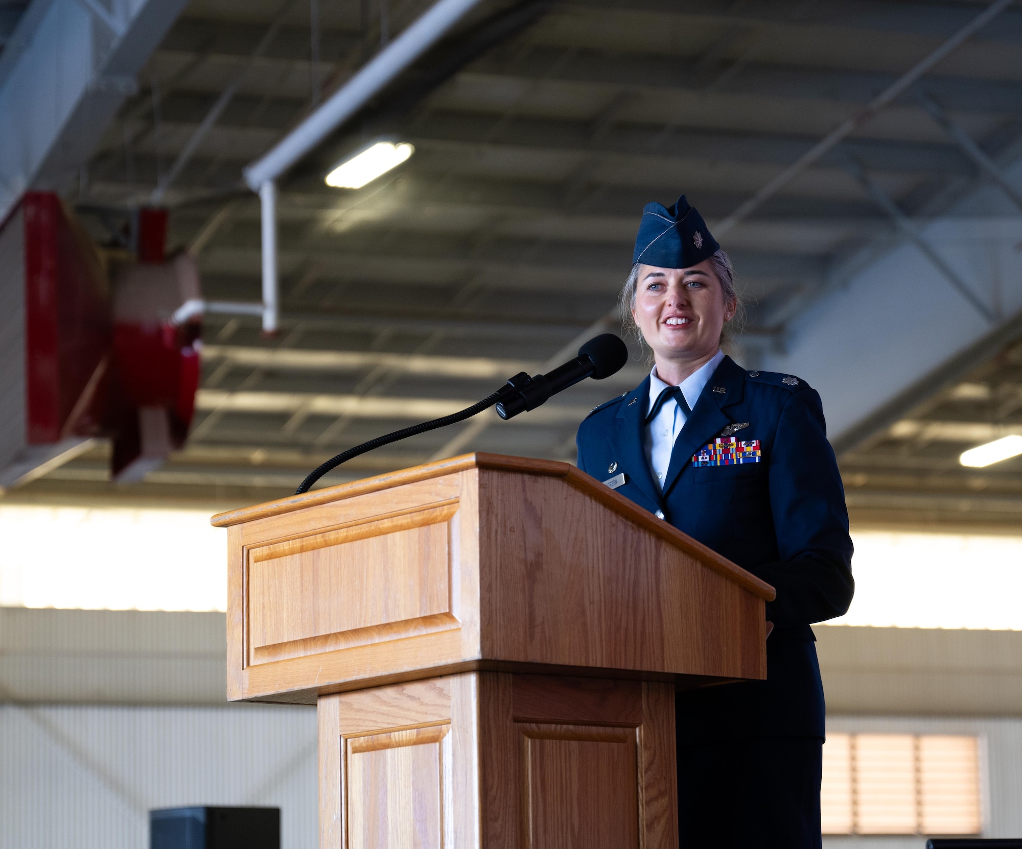 U.S. Air Force Lt. Col. Amanda Thorsen, 47th Operations Support Squadron (OSS) incoming commander, presents a speech at the 47th OSS change of command ceremony at Laughlin Air Force Base, Texas, Jan. 16, 2026. Prior to assuming command Thorsen was the 47th Flying Training Wing program integration office director, ensuring that every new training tool, curriculum update, or system enhancement actually improves pilot training effectiveness without disrupting flight schedules or student progression. (U.S. Air Force photo by Airman 1st Class Harrison Sullivan)