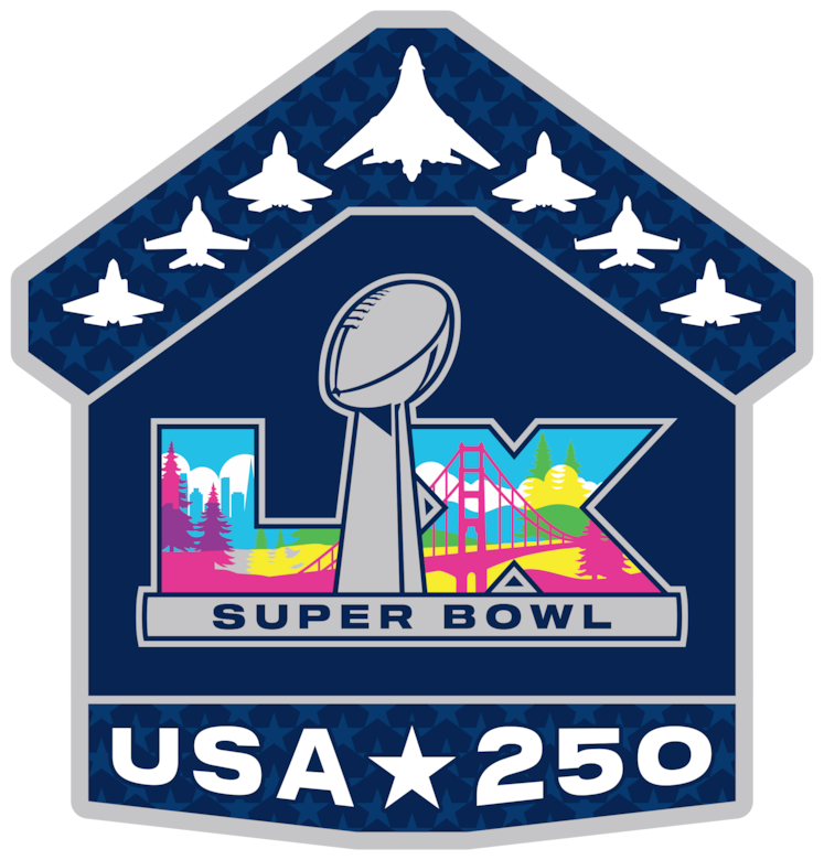 A graphic of military jets flying in formation at the top of a Super Bowl LX logo that has a San Francisco landscape inside it. The bottom of the graphic reads "USA 250."