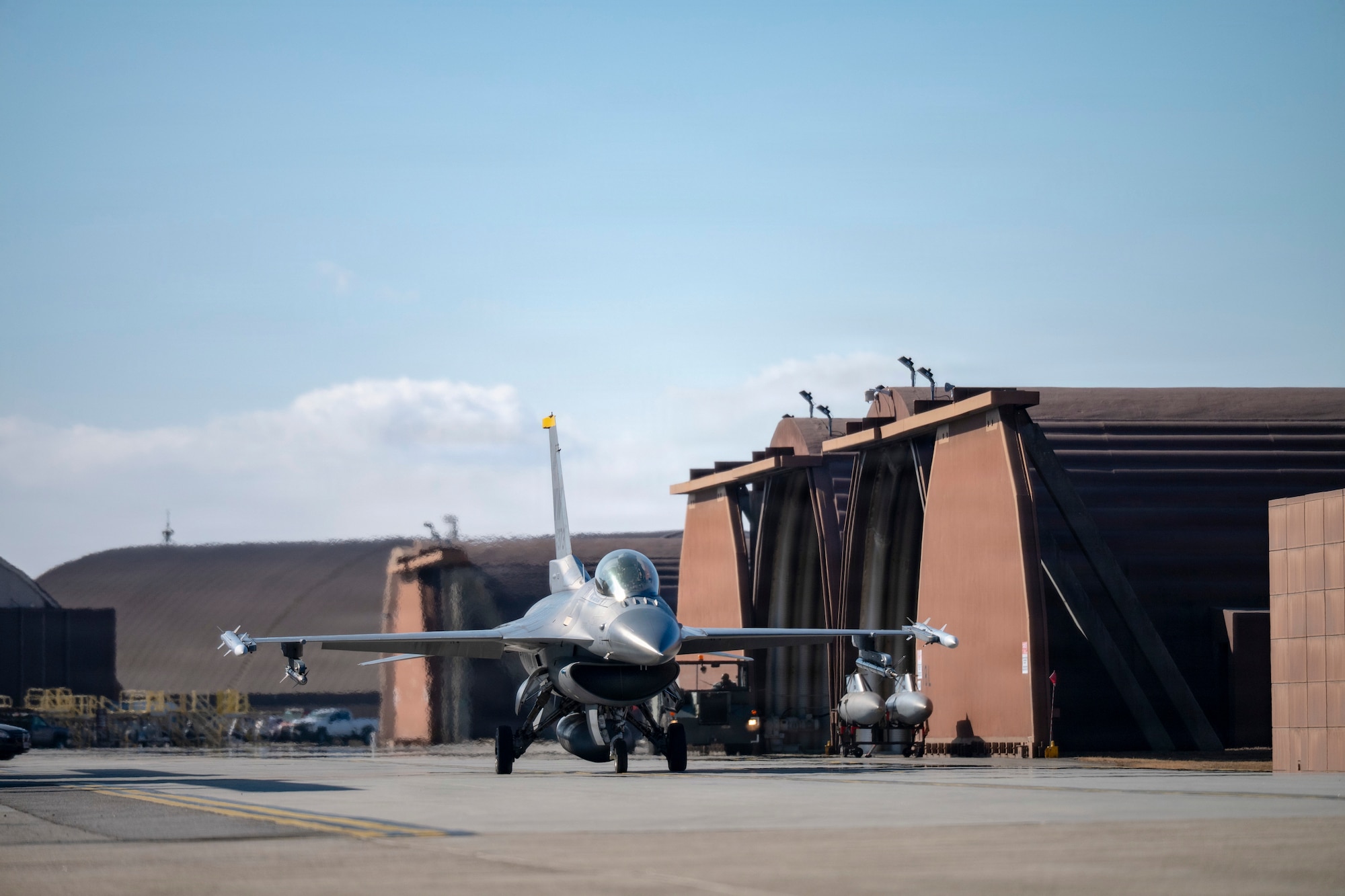 A U.S. Air Force F-16 Fighting Falcon assigned to the 35th Fighter Squadron, taxis to the runway at Osan Air Base, Republic of Korea, Jan. 21, 2026.