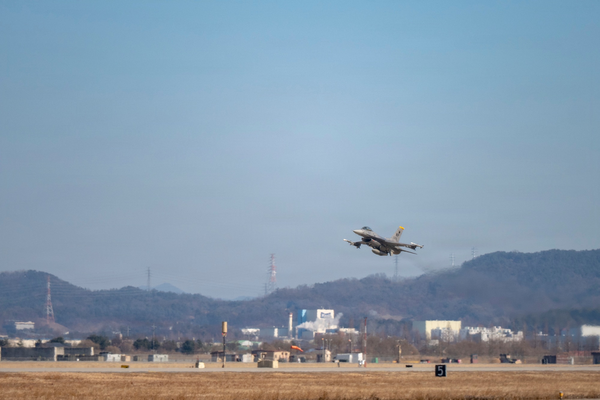 A U.S. Air Force F-16 Fighting Falcon assigned to the 35th Fighter Squadron, takes flight at Osan Air Base, Republic of Korea, Jan. 21, 2026.