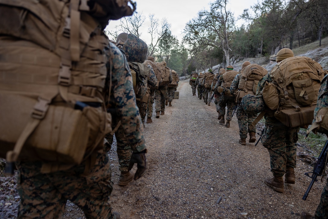 U.S. Marines conduct a movement during a Cold Weather Field Exercise at Fort Hunter-Liggett, Calif. on Jan 10th, 2026. The Marines are a part of Combat Logistics Battalion 23, 4th Marine Logistics Group. CLB-23 conducted a hike to transfer from one training area to another, designed to enhance and test readiness and lethality in the Marine Corps Reserve. (U.S Marine Corps photo by Sgt. Eduardo Delatorre)