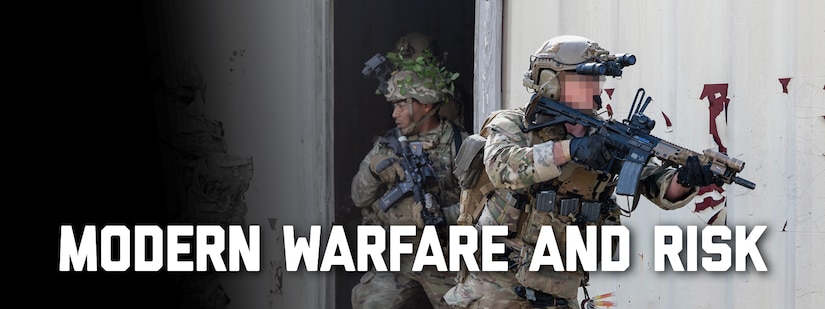 Banner image for Modern Warfare and Risk. A U.S. Army Green Beret assigned to 3rd Special Forces Group (Airborne), right, leads Air Force security forces personnel with the Air National Guard in a joint forceable entry, JFE, during a final culminating objective as part of exercise