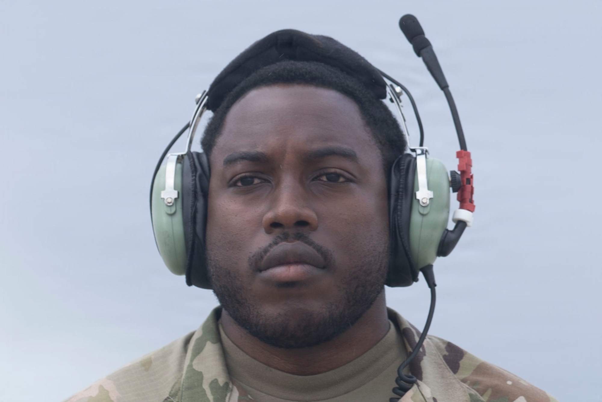 A close up of a service members face