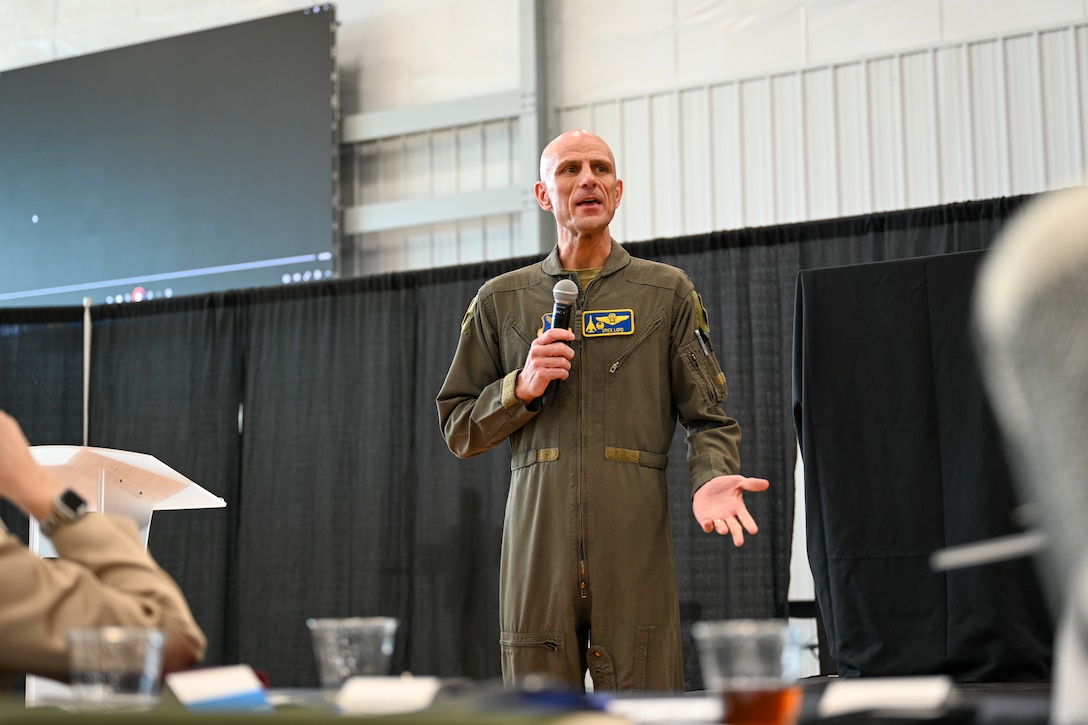 U.S. Air Force Col. Erick Lord, Commander of the 28th Bomb Wing, announces the new honorary commanders for Ellsworth AFB