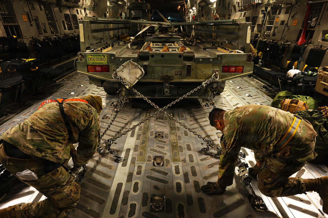 Two people wearing camouflage military uniforms, one wearing a head cover, kneel on opposite sides to secure equipment with heavy chains for transport on a plane.