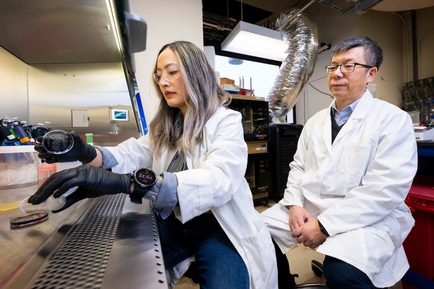 Tiffany Hennessa (left), Ph.D., U.S. Naval Research Laboratory (NRL) research biologist, and Zheng Wang, Ph.D., NRL research biologist, analyze a microbial sample in Washington, D.C., Jan. 9, 2026. Scientists at NRL sent microbial samples aboard the International Space Station to investigate how microgravity affects microbial metabolism and biomaterial production. (U.S. Navy photo by Sarah Peterson)
