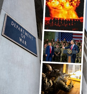 In a graphic, three photos are stacked next to a sign with the words Department of War on a building.