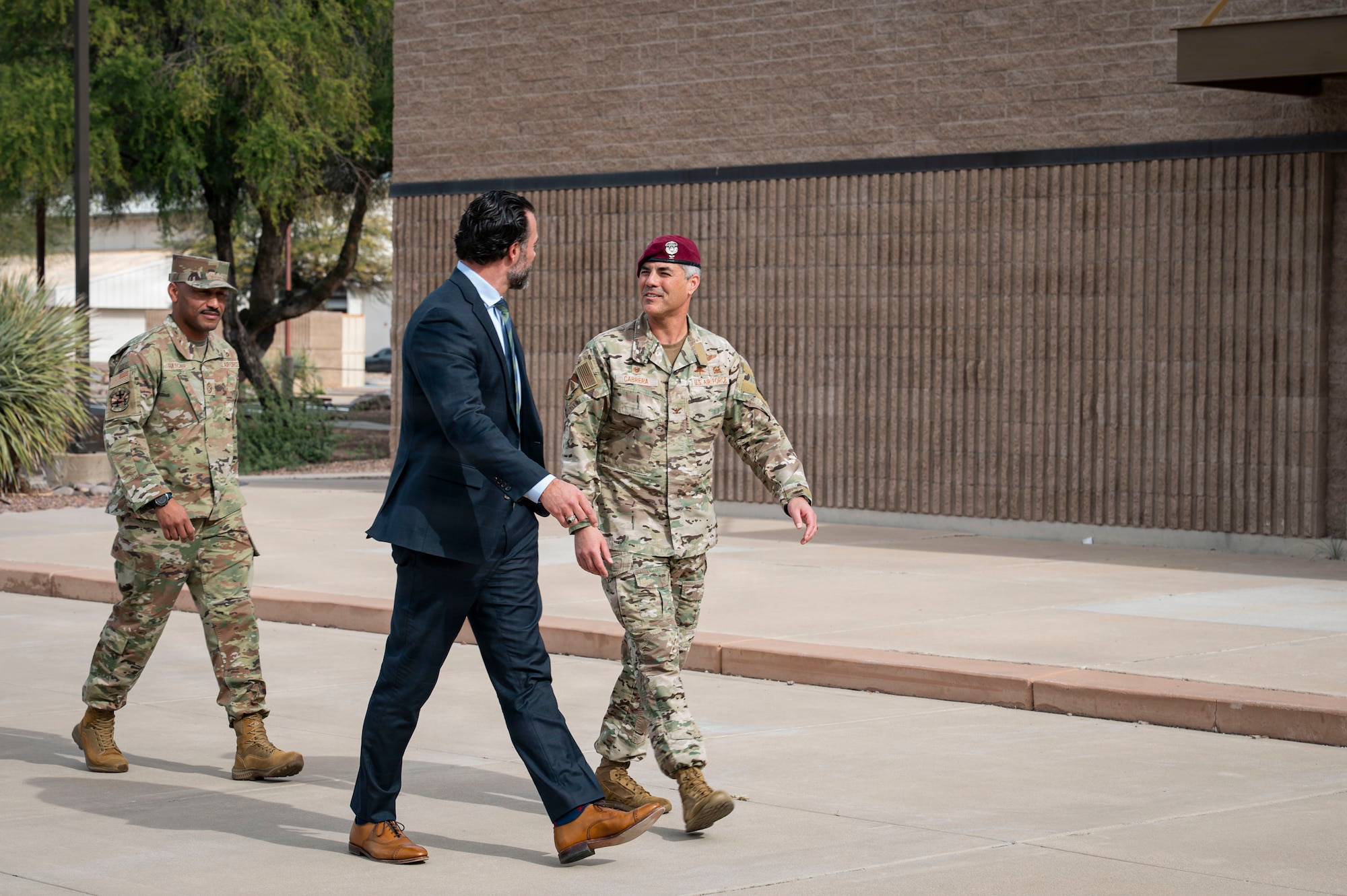 U.S. Air Force Col. Jose Cabrera, 355th Wing commander, and Under Secretary of the Air Force Matt Lohmeier walk together at Davis-Monthan Air Force Base, Arizona, Jan. 24, 2026. Lohmeier received an overview of DM’s readiness posture and lethality capabilities. (U.S. Air Force photo by Airman 1st Class Samantha Melecio)