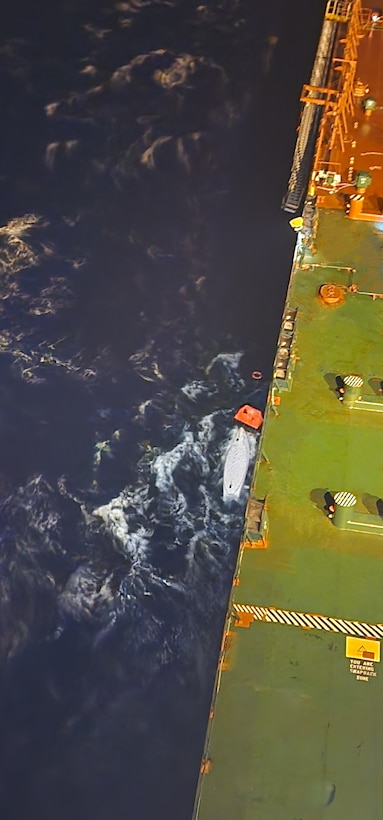 Coast Guard Sector San Juan Command Center watchstanders and the crew of the Horten Liberian-flagged tanker ship rescued a capsized rower in the Atlantic Ocean approximately 1,100 nautical miles east of Puerto Rico, Jan. 21, 2026. Rescued is Benoit Bourguet, 47, a Belgium citizen, after his rowing vessel, City of Liverpool, was reportedly struck by two waves and capsized in 13 to 15-foot seas. (Courtesy photo from Horten tanker ship and Zodiac Maritime)