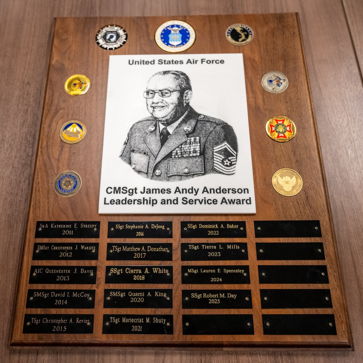 A wooden plaque with a black and white etching of a man in U.S. Air Force service dress uniform surrounded by challenge coins. Below the image is a list of names of award recipients
