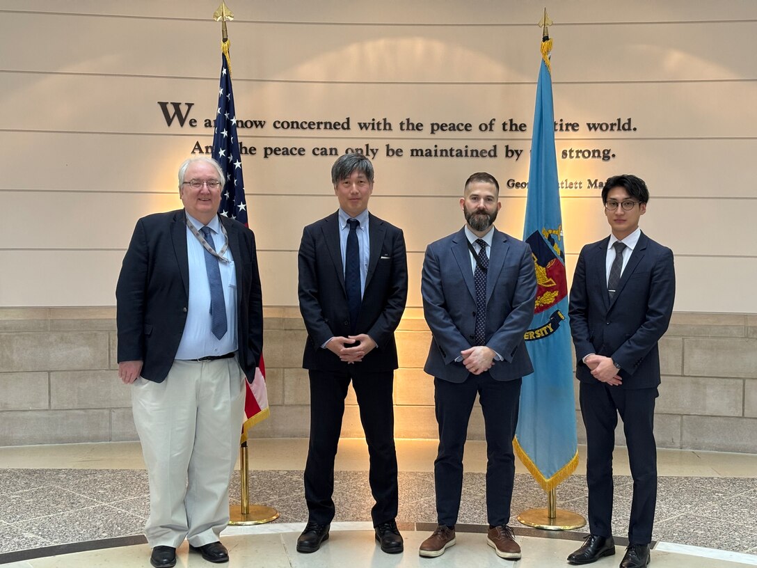 The Institute for National Strategic Studies (INSS) welcomed two experts from Japan’s National Institute for Defense Studies (NIDS), Dr. Hiroshi Yamazoe and Mr. Reito Kaneko, for a research dialogue. They are pictured with Dr. Phil Saunders (left) and Dr. Clint Work in INSS. All are standing in the atrium of National Defense University.