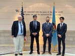 The Institute for National Strategic Studies (INSS) welcomed two experts from Japan’s National Institute for Defense Studies (NIDS), Dr. Hiroshi Yamazoe and Mr. Reito Kaneko, for a research dialogue. They are pictured with Dr. Phil Saunders (left) and Dr. Clint Work in INSS. They all stand in the atrium of National Defense University.
