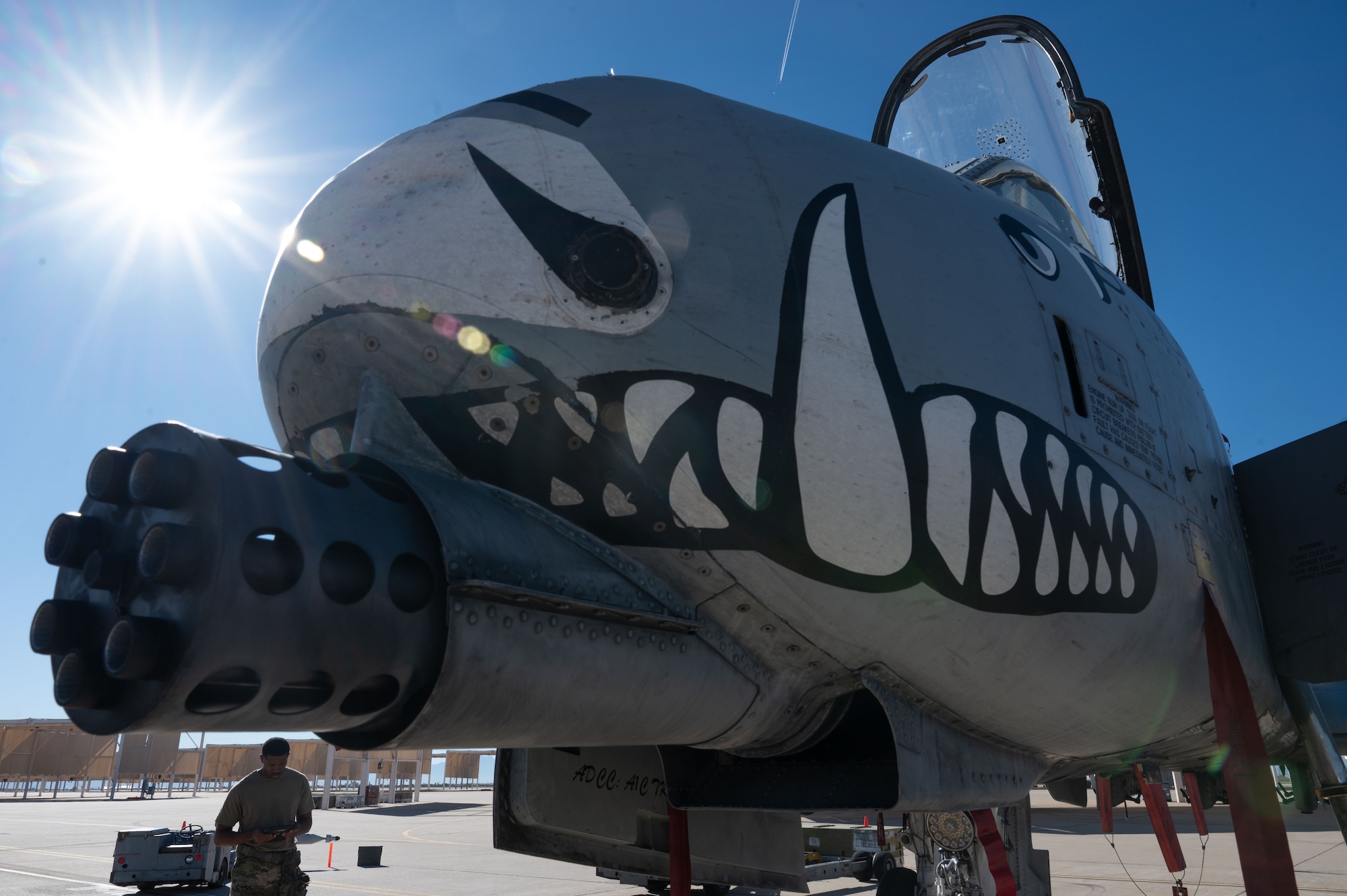 A U.S. Air Force A-10C Thunderbolt II sits on the flight line prior to the 2025 Load Competition of the Year at Davis-Monthan Air Force Base, Arizona, Jan. 16, 2026. Load competitions ensure mission readiness by testing weapons load crews on speed, accuracy and safety while adhering to technical orders and USAF instructions. (U.S. Air Force photo by Airman 1st Class Jaden Kidd)
