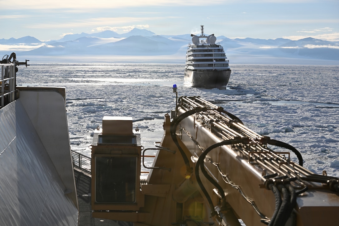 USCGC Polar Star (WAGB 10) begins escorting an Australian-owned cruise ship out of the ice-covered Ross Sea after the vessel requested assistance amid Operation Deep Freeze 2026, Jan. 17, 2026. Pacific Air Forces operates on a 24-hour basis to provide the U.S. National Science Foundation complete joint operational and logistic support for Operation Deep Freeze. (U.S. Coast Guard photo by Petty Officer 2nd Class Christopher Bokum)