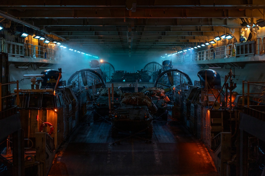 U.S. Navy landing craft, air cushion attached to Assault Craft Unit 5, embark Wasp-class amphibious assault ship USS Boxer (LHD 4) during ship to shore operations in the Pacific Ocean, Jan. 21, 2026.