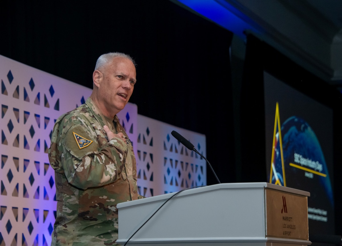 U.S. Space Force (USSF) Lt. Gen. Philip A. Garrant, commander, Space Systems Command (SSC), presents a review of the command’s performance, establishes 2026 commitments, and shares updates to the SSC Command Plan during his keynote to industry, government, and military partners on the opening day of AFCEA’s Space Industry Days, Los Angeles, Calif., January 22, 2023. Garrant’s keynote underpinned the importance of transparency and feedback for growth that keeps the command postured to meet the acquisition demand signal and achieve the reform necessary to maintain decisive advantage in, from, and to space. (U.S. Space Force photo by Van Ha)