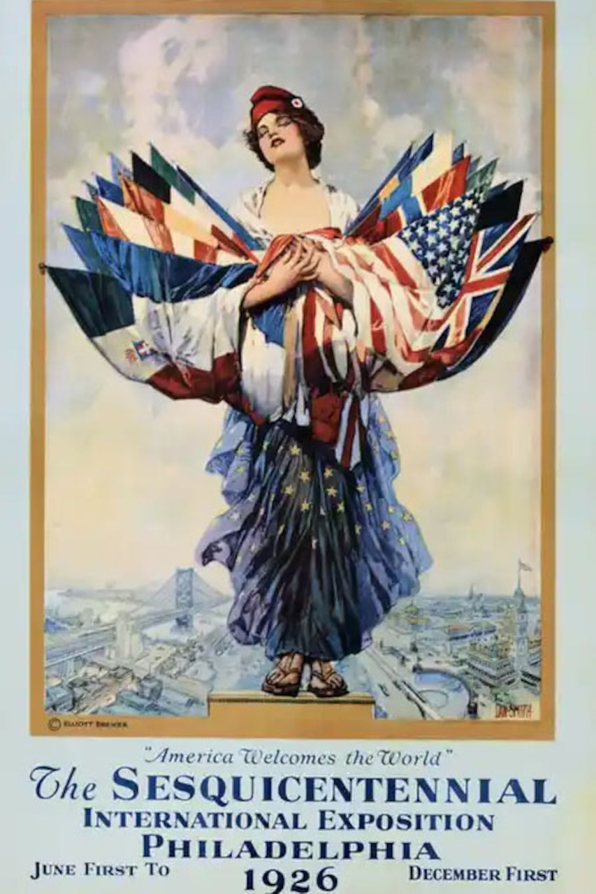 A poster shows a woman in a dress standing on a tiny podium overlooking a city scape while she clutches flags of several nations.