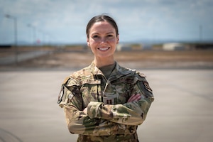 U.S. Air Force Capt. Dena McFadden, 449th Air Expeditionary Group flight safety officer, poses for a photo at Camp Lemonnier, Djibouti, Oct. 10, 2025. On Aug. 6, 2025, a Ghana Air Force Chinese-made Harbin Z-9 helicopter crashed into a mountainside near Obuasi, killing eight people, including the nation’s Minister of Defense. Following a formal request from the Ghanaian government, McFadden and two other U.S. safety experts deployed within hours to assist local authorities in determining the cause of the accident. (U.S. Air Force photo by Staff Sgt. Christian Silvera)