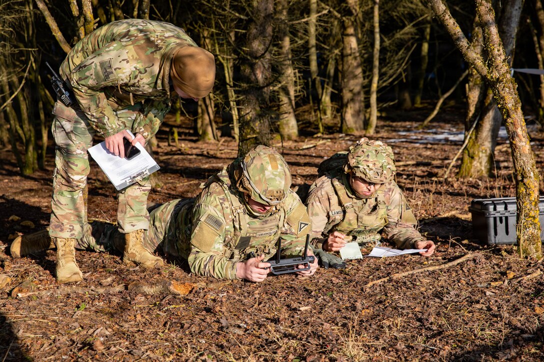 U.S. Soldiers assigned to 1st Battalion, 4th Infantry Regiment, Joint Multinational Readiness Center, operate a small unmanned aircraft system during the Drone Validation Course at the JMRC in Hohenfels, Germany, Jan. 21, 2026. The course trains opposing forces Soldiers to employ reconnaissance and first-person view drone capabilities to replicate modern battlefield threats during rotational training. (U.S. Army photo by Spc. Adrian Greenwood)