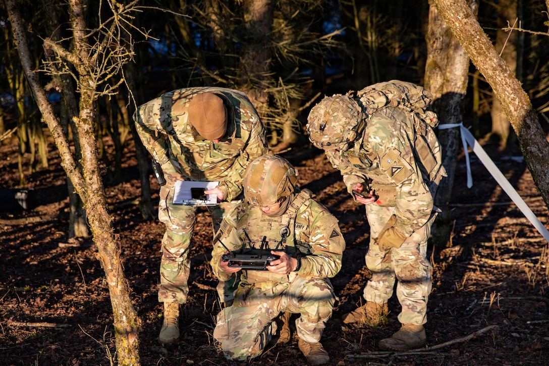 U.S. Soldiers assigned to 1st Battalion, 4th Infantry Regiment, Joint Multinational Readiness Center, operate a small unmanned aircraft system during the Drone Validation Course at the JMRC in Hohenfels, Germany, Jan. 21, 2026. The course trains opposing forces Soldiers to employ reconnaissance and first-person view drone capabilities to replicate modern battlefield threats during rotational training. (U.S. Army photo by Spc. Adrian Greenwood)