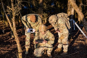 U.S. Soldiers assigned to 1st Battalion, 4th Infantry Regiment, Joint Multinational Readiness Center, operate a small unmanned aircraft system during the Drone Validation Course at the JMRC in Hohenfels, Germany, Jan. 21, 2026. The course trains opposing forces Soldiers to employ reconnaissance and first-person view drone capabilities to replicate modern battlefield threats during rotational training. (U.S. Army photo by Spc. Adrian Greenwood)