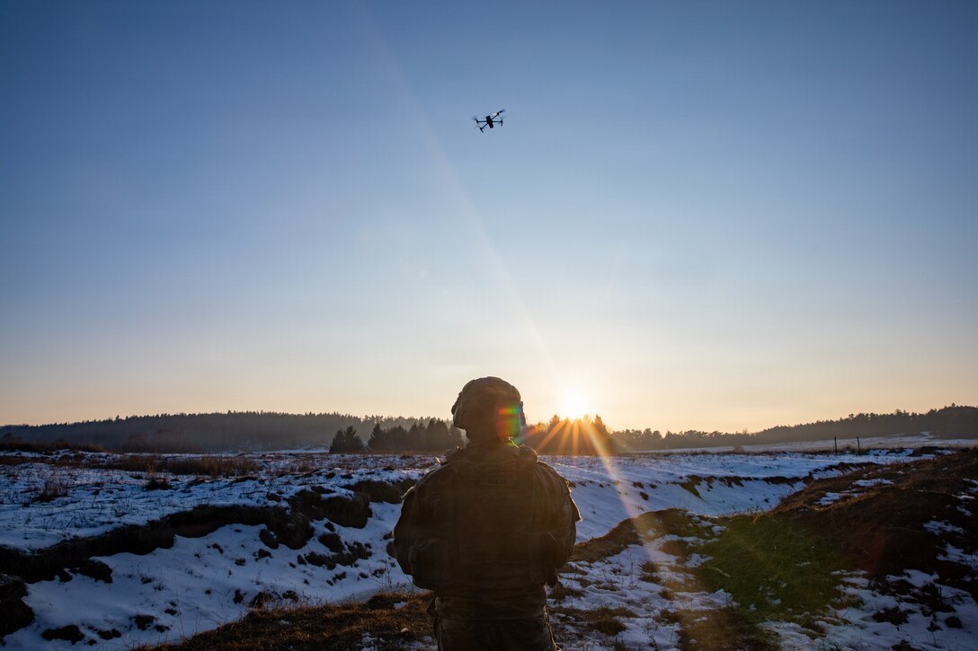 U.S. Soldiers assigned to 1st Battalion, 4th Infantry Regiment, Joint Multinational Readiness Center, operate a small unmanned aircraft system during the Drone Validation Course at the JMRC in Hohenfels, Germany, Jan. 21, 2026. The course trains opposing forces Soldiers to employ reconnaissance and first-person view drone capabilities to replicate modern battlefield threats during rotational training. (U.S. Army photo by Spc. Adrian Greenwood)