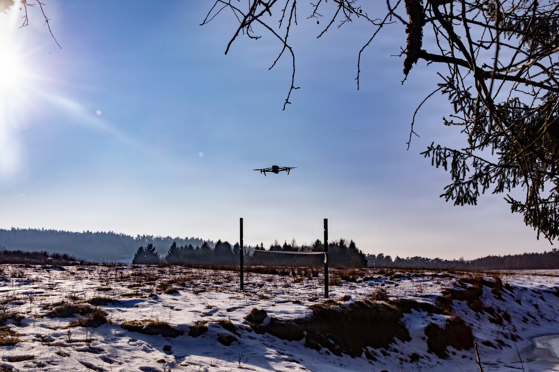 U.S. Soldiers assigned to 1st Battalion, 4th Infantry Regiment, Joint Multinational Readiness Center, operate a small unmanned aircraft system during the Drone Validation Course at the JMRC in Hohenfels, Germany, Jan. 21, 2026. The course trains opposing forces Soldiers to employ reconnaissance and first-person view drone capabilities to replicate modern battlefield threats during rotational training. (U.S. Army photo by Spc. Adrian Greenwood)
