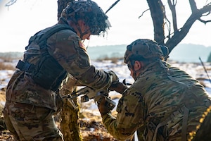 U.S. Soldiers assigned to 1st Battalion, 4th Infantry Regiment, Joint Multinational Readiness Center, operate a small unmanned aircraft system during the Drone Validation Course at the JMRC in Hohenfels, Germany, Jan. 21, 2026. The course trains opposing forces Soldiers to employ reconnaissance and first-person view drone capabilities to replicate modern battlefield threats during rotational training. (U.S. Army photo by Spc. Adrian Greenwood)