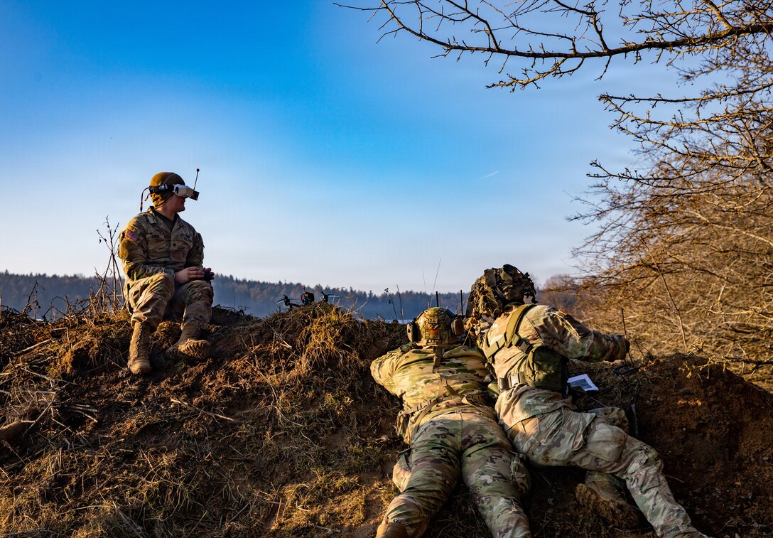 U.S. Soldiers assigned to 1st Battalion, 4th Infantry Regiment, Joint Multinational Readiness Center, operate a small unmanned aircraft system during the Drone Validation Course at the JMRC in Hohenfels, Germany, Jan. 21, 2026. The course trains opposing forces Soldiers to employ reconnaissance and first-person view drone capabilities to replicate modern battlefield threats during rotational training. (U.S. Army photo by Spc. Adrian Greenwood)