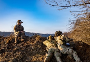 U.S. Soldiers assigned to 1st Battalion, 4th Infantry Regiment, Joint Multinational Readiness Center, operate a small unmanned aircraft system during the Drone Validation Course at the JMRC in Hohenfels, Germany, Jan. 21, 2026. The course trains opposing forces Soldiers to employ reconnaissance and first-person view drone capabilities to replicate modern battlefield threats during rotational training. (U.S. Army photo by Spc. Adrian Greenwood)