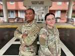 U.S. Army Sgt. Raven Maldonado, a combat medic specialist assigned to the Pediatric Clinic, and U.S. Army Sgt. Jaden Huston, a combat medic specialist assigned to McDonald Army Health Center, pose for a photo at Joint Base Langley-Eustis, Va., Dec. 23, 2025. Maldonado and Huston were selected for the Army Medical Department Enlisted Commissioning Program (AECP), which enables enlisted Soldiers to earn a Bachelor of Science in Nursing and commission as officers in the Army Nurse Corps.