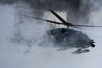 An Alaska Air National Guard HH-60G Pave Hawk helicopter assigned to the 210th Rescue Squadron, 176th Wing, takes off at Joint Base Elmendorf-Richardson, Alaska, Oct. 26, 2022.