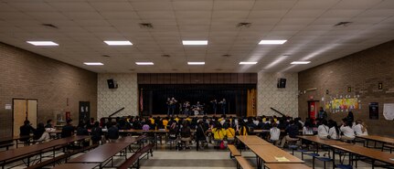The U.S. Air Force Band’s District Brass plays for Gwynn Park Middle School students, Brandywine, Md., Jan. 15, 2026. The students, all musicians, engaged in a question and answer session following the concert. (U.S. Air Force photo by Staff Sgt. Jordan Powell)