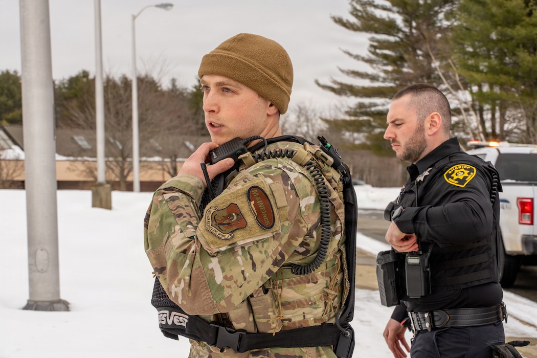 Staff Sgt. Joseph Burke, a member of the 101st Air Refueling Wing Security Forces Squadron, participates in an active shooter exercise at the Bangor Air National Guard Base, Bangor, Maine, Jan. 9, 2026.