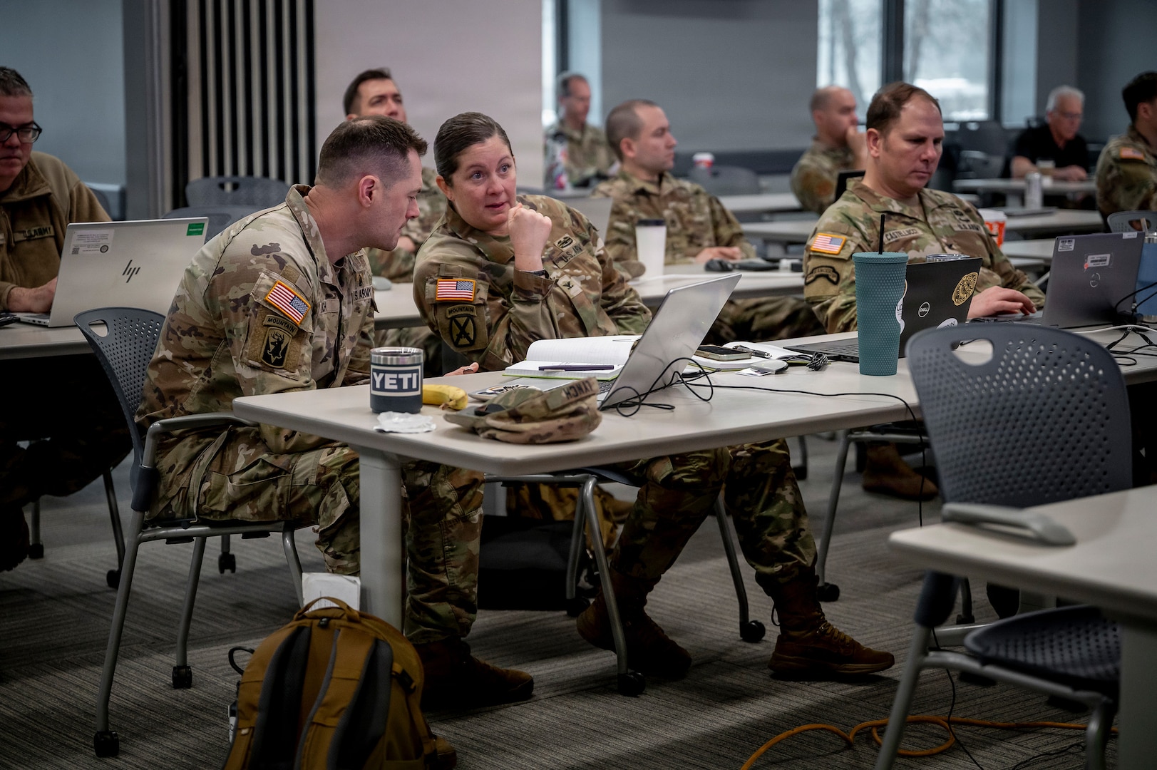 Students of the Connecticut National Guard's Joint Task Force Staff Training Course discuss topics being taught at the Regional Training Institute Jan. 7, 2026.