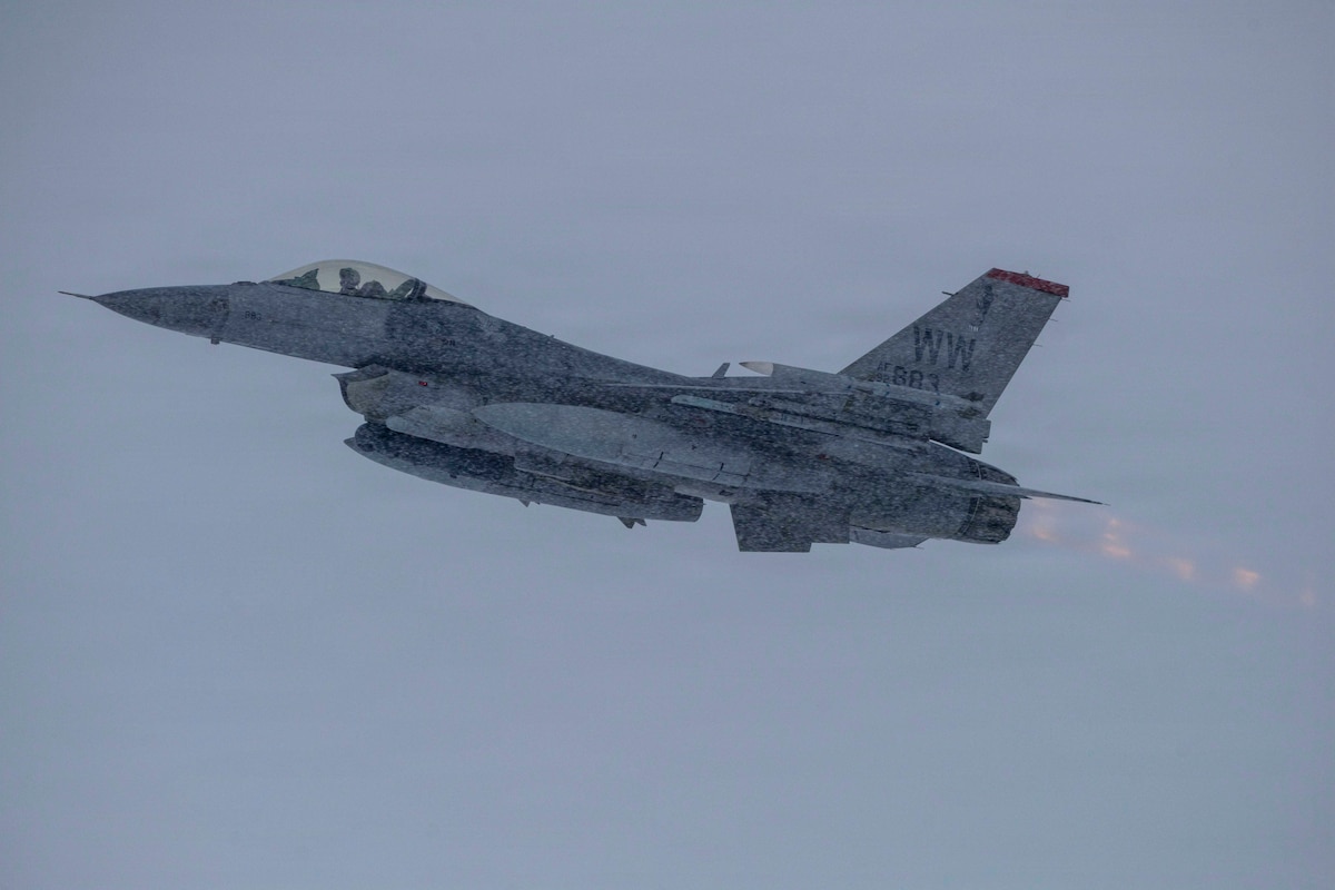 A U.S. Air Force F-16 Fighting Falcon with the 35th Fighter Wing takes off during Beverly Sunrise 26-02 at Misawa Air Base, Japan, Jan. 14, 2026. Operating in winter enhances the unit’s cold-weather proficiency, enabling the 35th FW to maintain a persistent and reliable presence regardless of climate. (U.S. Air Force photo by Senior Airman Patrick Boyle)