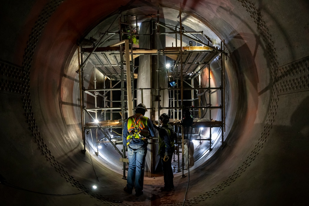 The U.S. Army Corps of Engineers, Omaha District, oversees progress on the butterfly valve rehabilitation project, Dec. 10, 2025, at the Fort Peck Dam in Montana.