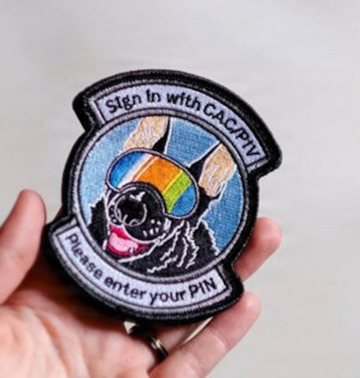 A person holds a colorful patch of a dog wearing protective goggles. The top of the patch reads "Sign in with CAC/PIV," while the bottom reads "Please enter your PIN."