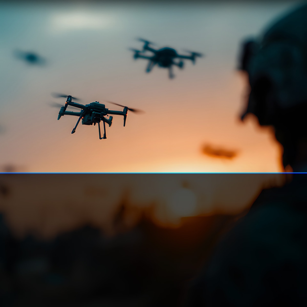A soldier observes a swarm of drones in flight