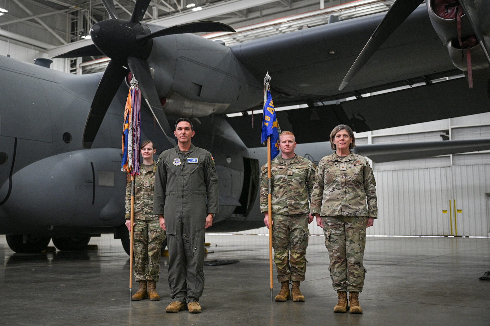 19th Maintenance Group and 19th Operations Group, stand at attention during a reactivation ceremony, Jan. 23, 2026, at Little Rock Air Force Base, Arkansas.  The decision to return to the original group structure reflects guidance from the Chief of Staff of the Air Force and aims to reduce change fatigue while strengthening commander-led readiness.