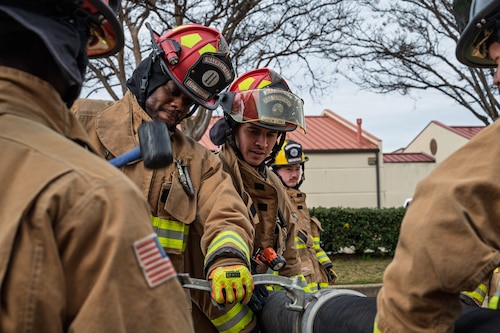 42d Civil Engineering Squadron fire fighters, work together during training at Maxwell Air Force Base, Alabama, Jan. 22, 2026.