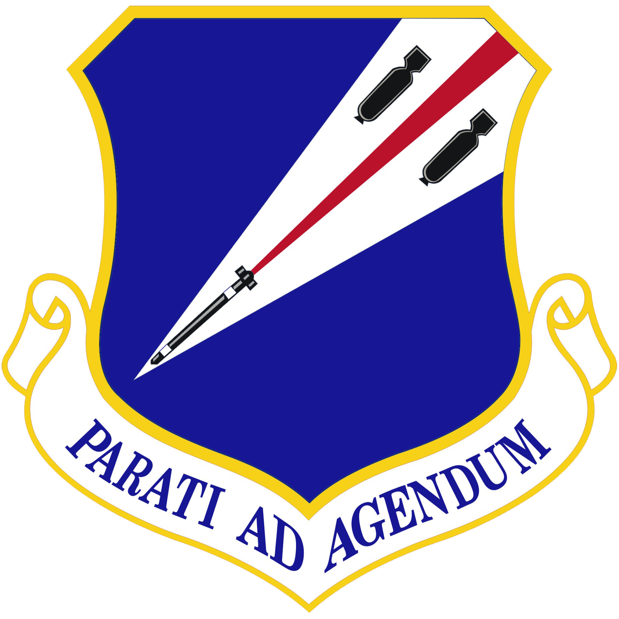 Emblem of the Missouri Air Natioanl Guard's 131st Bomb Wing. The emblem is shaped like a shield. On it, in a royal blue field, three black bombs fall from top right to bottom left leaving red and white streaks. A scroll underneath the shield reads "Parati ad Agendum" in royal blue.